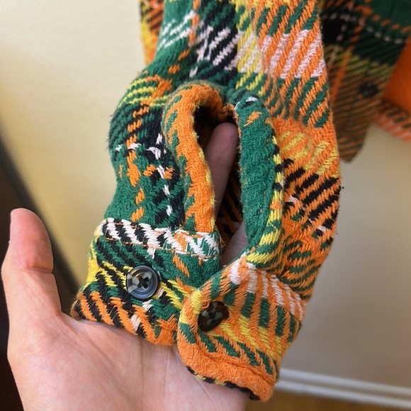 {Urban Outfitters} Exploded Twill Work Overshirt Plaid Green +Orange Small - Picture 6 of 7